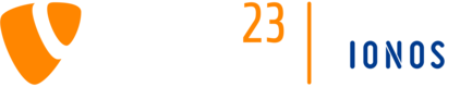 White T3CON23 logo with the Patron Sponsor logo from IONOS