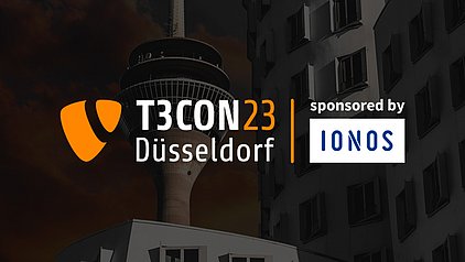 Image with sightseeing highlights from Düsseldorf combined with the T3CON23 logo and the Patron Sponsor's IONOS logo