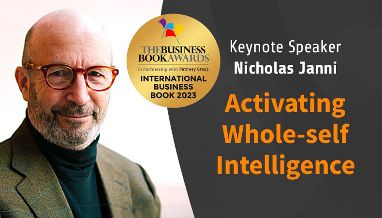 A graphic of a portrait of Nicholas Janni and a title reading "Activating whole-self intelligence", the title of his upcoming Keynote at T3CON23